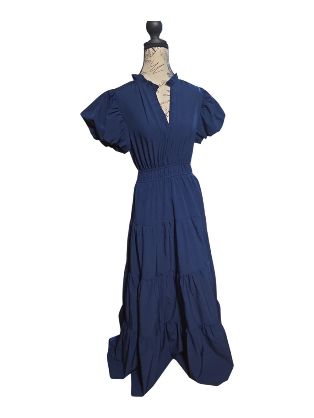 entro Navy V-Neck Puff Sleeve‎ Tiered Maxi Dress